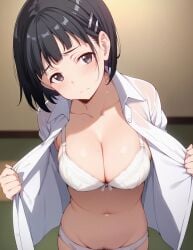 ai_generated asian asian_female black_eyes black_hair blush bra huge_breasts kirigaya_suguha kiwifruit0501 large_breasts light-skinned_female light_skin looking_at_viewer panties presenting_breasts pubes_exposed short_hair solo_female squatting sweat sweatdrop sword_art_online voluptuous voluptuous_female