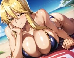 1girls ai_generated alternate_breast_size beach big_breasts bikini bostin breasts busty cleavage curvaceous curvy curvy_body curvy_female curvy_figure female highschool_of_the_dead huge_breasts large_breasts on_stomach outdoors shizuka_marikawa solo sweat sweating sweaty sweaty_body sweaty_breasts thick_thighs thighs venus_body voluptuous