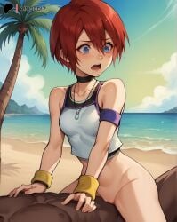 ai_generated ainoob17 beach blue_eyes bottomless cowgirl_position dark-skinned_male kairi kingdom_hearts open_mouth rape red_hair tagme tears vaginal_penetration