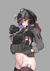 black_legwear black_stockings black_thighhighs blue_eyes brown_hair dildo dildo_gag dildo_in_mouth dildo_mask dildo_reveal female female_only gloves hairless_pussy headphones heart-shaped_pupils helmet legwear mask military military_helmet military_uniform ponytail shrug_(clothing) solo solo_female solo_focus stmast stockings termichan_(not-a-bot) thighhighs vibrator vibrator_in_pussy vibrator_in_thighhighs visor_(armor) visor_helmet