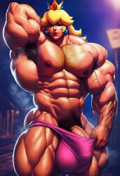 abs ai_generated ambush_(trap) armpit_hair bulge chest_hair extreme_muscles genderswap_(ftm) hairy_armpits hairy_arms hairy_chest hyper_muscles male male_only mario_(series) muscular muscular_male princess_peach rule_63 sewoh solo