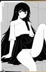 1girls ai_generated ass asymmetrical_hair barren_(ai_prompter) black_eyes black_hair black_skirt emotionless expressionless flat_chest ghost_and_pals grayscale highres long_hair looking_at_viewer mariyam_(qualia_automata) monochrome mv_character pussy qualia_automata raised_leg remake shoulders sitting solo stable_diffusion ta-m02 team_6x111 thighs upskirt vocaloid white_shirt white_skin