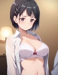 ai_generated asian asian_female black_eyes black_hair blush bra huge_breasts kirigaya_suguha kiwifruit0501 large_breasts light-skinned_female light_skin panties short_hair solo_female sword_art_online voluptuous voluptuous_female