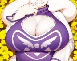 1girl 1girls anthro big_breasts boob_window boss_monster breasts caprine cleavage close-up dress fangs female female_only floppy_ears flowers furry goat goat_girl krokobyaka large_breasts laying_on_back long_ears married_woman milf monster_girl non-human purple_dress solo solo_female toriel undertale white_body white_fur wife yellow_flower