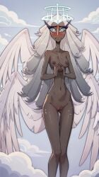 ai_generated angel angel_wings autismmix_pony(model) butt_from_the_front closed_mouth cloud clouds colored_sclera covered_nipples dark-skinned_female detached_sleeves embarassed embarrassed_nude_female feathered_wings grey_hair halo hazbin_hotel heaven juliet_sleeves long_sleeves marusame micro_bikini nipples nude parted_lips puffy_sleeves pussy sera_(hazbin_hotel) solo stable_diffusion thigh_gap wings