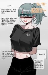 1girls big_breasts censor_bar censored censored_eyes cuckold cuckold_pov green_hair hands_behind_back hypnosis long_hair mind_control ponytail ratatatat74 sweat sweatdrop sweating