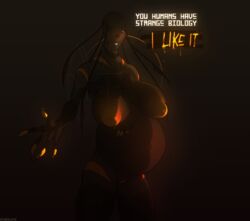 2018 alien areola aviadelete backlighting beckoning belly big_areola big_belly big_breasts big_nipples big_thighs black_sclera blush breasts claws dark_image digital_media_(artwork) english_text female gradient_background grey_skin grin hand_on_stomach huge_breasts humanoid inverted_nipples looking_at_viewer markings nipples nude orange_claws orange_markings orange_nipples orange_pussy pinup pose pregnant puffy_nipples pussy sagging_breasts shaded signature simple_background smile solo speech_bubble standing stretch_marks text vein veltris_(aviadelete) watermark yellow_eyes