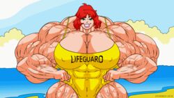 amazon animated archie_comics atariboy bathing_suit beach breasts cheryl_blossom expansion extreme_muscles flexing green_eyes grin huge_breasts hyper_breasts hyper_muscles lifeguard muscle_growth muscles muscular muscular_female red_hair swimsuit veins veiny_muscles