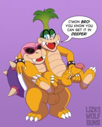 2boys anal balls english_text full_body gay iggy_koopa koopa koopaling koopalings lifted male male_only mario_(series) multiple_boys nintendo penis purple_background roy_koopa simple_background smile speech_bubble standing testicles text vein veiny_penis wolfbuns yaoi