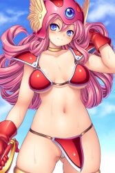 armor belly_button bikini bikini_armor blue_eyes blush breasts chabo_(fuketsudan) choker dragon_quest dragon_quest_iii gem gloves helmet jewel long_hair looking_at_viewer pink_hair sholder_pads smile soldier_(dq3) sweat sweating sweaty sweaty_body sword winged_helmet