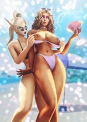 2girls alcohol beach belly belly_button bikini blonde_female blonde_hair blue_eyes dark-skinned_male day daytime elf exposed_breasts from_behind glowing_eyes lesbian lidcarter light-skinned_female light_blue_bikini liraniel looking_at_viewer looking_back looking_over_eyewear looking_over_sunglasses medium_breasts pointy_ears pulling_clothing shyra_nightspark sunglasses surprised swimsuit tinted_eyewear world_of_warcraft yuri