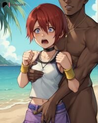 ai_generated ainoob17 beach blue_eyes dark-skinned_male fingering groping kairi kingdom_hearts open_mouth rape red_hair tagme tears