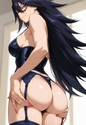 ai_generated ass ass_focus ass_grab ass_support back bangs bare_shoulders black_clothes black_hair black_legwear black_panties black_thighhighs black_underwear blue_eyes blush bodysuit breasts closed_mouth clothing curvaceous dominatrix domino_mask etchigirls female female_only from_behind garter_belt garter_straps grabbing_own_ass hair_between_eyes hands_on_own_ass huge_ass indoors large_breasts legwear leotard lingerie lips long_hair looking_at_viewer looking_back mask medium_breasts midnight_(my_hero_academia) mole mole_under_eye my_hero_academia panties pantsu sideboob skindentation smile solo standing superhero thick_thighs thighhighs thighs thong underwear