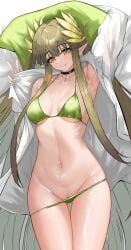 absurdres arknights arm_up armpits ass_visible_through_thighs bikini bikini_bottom_pull black_choker blush breasts brown_eyes brown_hair choker cleavage closed_mouth collarbone elf female green_bikini green_nails hair_ornament highres long_hair looking_down lying medium_breasts mole mole_under_eye muelsyse_(arknights) nail_polish navel on_back open_clothes open_shirt pillow pointy_ears pussy pussy_peek shirt sidelocks smile solo swimsuit thigh_gap v very_long_hair white_shirt yuweishizi