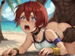 ai_generated ainoob17 all_fours ambiguous_penetration beach blue_eyes bottomless dark-skinned_male kairi kingdom_hearts open_mouth rape red_hair tagme tears