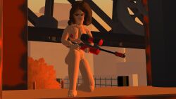 alice_tanner_(character) bored_expression brown_hair burntspice2 functionally_nude functionally_nude_female gun hidden_nipples kneeling kneeling_female paintball paintball_gun pasties rec_room recroom recroom-nsfw red_pasties sniper_rifle solo solo_female