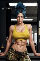 1girls abs ai_generated belt big_breasts blue_eyes blue_hair female indoor king_of_fighters leona_heidern long_hair looking_at_viewer military military_pants muscular_female nipple_bulge nipples sitting_on_desk tank_top tied_hair yellow_tank_top