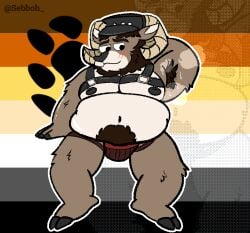 anthro armpit_hair blush bodily_fluids body_hair bovid caprine carl_hendricks clothing echo_(game) echo_(series) echo_project embarrassed front_view jockstrap leather leather_clothing male mammal moobs sebboh sheep solo sweat underwear