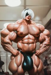 abs ai_generated ambush_(trap) armpit_hair bulge chest_hair extreme_muscles genderswap_(ftm) hairy_armpits hairy_arms hairy_chest hyper_muscles male male_only muscular muscular_male nier:_automata rule_63 sewoh solo yorha_2b