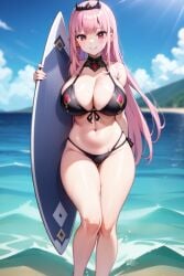 1girl 1girls ai_generated beach bikini black_bikini black_bra black_thong bra breasts busty choker cleavage feet_out_of_frame hololive hololive_english large_breasts long_hair mori_calliope pink_eyes pink_hair pixai seaside seductive seductive_look seductive_smile self_upload smile surfboard swimsuit thick thick_hips thick_thighs thighs thong virtual_youtuber voluptuous voluptuous_female water wet wide_hips