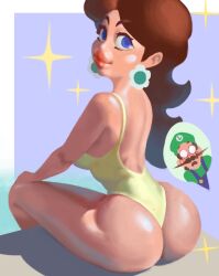 1boy 1girls adama39062 ass bathing_suit bimbo blue_eyes blush brown_hair bubble_butt clothing dat_ass ear_piercing facial_hair female female_focus green_hat human human_only lipstick looking_back luigi male mario_(series) moustache nintendo princess_daisy red_lipstick voluptuous voluptuous_female