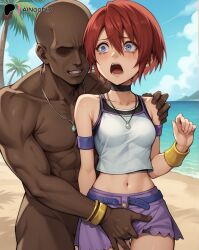 ai_generated ainoob17 beach blue_eyes dark-skinned_male fingering groping_breasts kairi kingdom_hearts open_mouth rape red_hair tagme tears