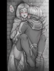 1boy 1girls against_wall blush cloak closed_eyes clothed_sex clothing evomanaphy fire_emblem fire_emblem_heroes fluids freckles gloves grima_(fire_emblem) held_up implied_sex kiran_(fire_emblem) kiran_(fire_emblem)_(female) leg_lock lifting monochrome mostly_clothed motion_lines open_mouth spoken_heart stand_and_carry_position standing_sex stockings straight suspended_congress thighhighs thrusting trembling