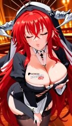 ai_generated blue_eyes boosterred99 close-up closed_eyes garter_straps high_school_dxd kissing large_breasts legs long_hair long_sleeves navel nun nun_habit nun_hat nun_outfit perfect_body pony_diffusion_xl red_hair rias_gremory seductive_smile stockings thick_thighs thighhighs voluptuous