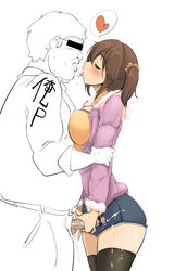 1boy 1girls arm_grab black_legwear blue_shorts breast_press breasts brown_hair censored closed_eyes coat cum cum_on_body cum_on_clothes cum_on_lower_body cutoffs female fur-trimmed_coat fur_trim glasses handjob heart identity_censor idolmaster idolmaster_cinderella_girls kissing large_breasts long_sleeves momio penis profile purple_coat saliva saliva_trail scrunchie shorts side_ponytail simple_background spoken_heart thigh thighhighs tongue tongue_out totoki_airi white_background