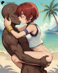 ai_generated ainoob17 beach blue_eyes dark-skinned_male kairi kingdom_hearts kissing lifting_person open_mouth rape red_hair tagme tears vaginal_penetration