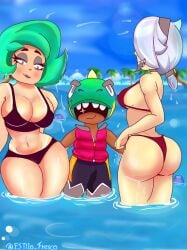 beach beach_background big big_ass big_breasts big_butt big_thighs bikini brawl_stars breasts colette_(brawl_stars) estilo_fresco focus_on_ass green_hair leon_(brawl_stars) lola_(brawl_stars) two_girls two_guys_and_guy wet white_hair