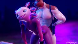 anal axo_(fortnite) bent_over dollymolly323 gun handgun humanoid_genitalia humanoid_penis licking_lips meowscles_(fortnite) muscular muscular_male non-human open_mouth sex tagme tongue tongue_out toony_face video