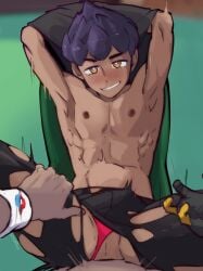 2boys anal brother/brothers brothers family gay grin hand_on_thigh happy_sex hop_(pokemon) idoraad incest leon_(pokemon) lilprincyvi male_only naughty_face pokemon pokemon_ss pov purple_hair seductive seductive_smile size_difference tan_skin thong thrusting_into_ass torn_clothes undressing