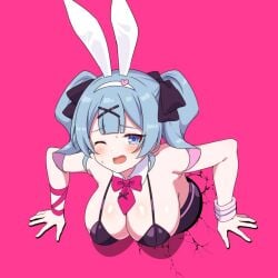 animal_ears black_ribbon blue_eyes blue_hair blush bow bowtie breasts center-flap_bangs fake_animal_ears female hair_ornament hair_ribbon hairband hatsune_miku implied_sex large_breasts light_blue_hair long_hair looking_at_viewer necktie one_eye_closed open_mouth pink_background pink_bow pink_bowtie pink_necktie playboy_bunny rabbit_ears rabbit_hole_(vocaloid) ribbon solo stuck_in_wall torinokawori twintails vocaloid white_hairband