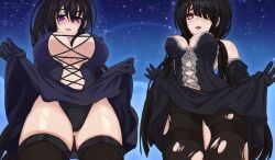 16:9 2d 2d_(artwork) 2girls akeno_himejima artist_request ass big_breasts black_hair breasts cleavage crossover date_a_live female female_only gloves heterochromia high_school_dxd huge_breasts large_breasts light-skinned_female light_skin lingerie long_hair looking_down multiple_girls nipple_bulge pantyhose ponytail purple_eyes red_eyes skirt skirt_lift socks thighhighs thighs tokisaki_kurumi underwear yellow_eyes