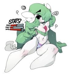 ? attribute_slider black_eyes blush bra cleavage confused gardevoir intelligence_loss one_eye_covered one_eye_obstructed panties panty_pull pokemon pokemon_(species) slugbox spiral squiggle_mouth tagme