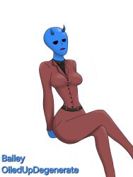 bailey_(oiledupdegenerate) blue_body breasts breasts clothing female female oiledupdegenerate pose shiny_skin suit thin_waist