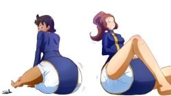 2girls butt butt_jiggle cute dark-skinned_female diaper fallout girls_only light-skinned_female onesie original_character simple_background sketchmandl thick_diaper vault_dweller white_background