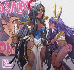 1girl 2boys against_wall animal_ears annoyed annoyed_expression artist_logo assertive bandages black_hair blue_eyes brown_eyes commission commission_art commissioner_upload convention cosplay crossdressing crossplay dark-skinned_femboy dark-skinned_male dark_skin facial_mark fake_breasts fate/grand_order fate_(series) femboy foreskin foreskin_folds hairband hat height_difference jackal_ears jewelry large_breasts large_penis lipstick long_hair male_only nitocris_(fate) nitocris_(fate/grand_order) palegloss penis_envy pink_eyes poster poster_(object) purple_hair scheherazade_(fate) shocked shocked_expression sissy tagme touching_penis