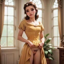 1girls ai_generated beauty_and_the_beast belle_(beauty_and_the_beast) brown_eyes brown_hair disney disney_princess dress dress_lift female_focus female_only matureai no_panties pubic_hair pussy solo_female