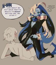 shadow_milk_cookie y/n anon 1cuntboy pussy pussy_juice_string power_bottom ripped_bodysuit straddling heart-shaped_pupils dialogue sweatdrop ripping_clothing blush fang jester elf_ears long_hair spread_legs heterochromia flustered blue_pussy shaved_pussy self_insert