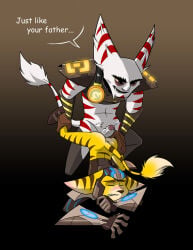 2009 2boys 5_fingers age_difference alister_azimuth alternate_costume armor ass black_background blush closed_eyes english_text erection furry furry_only gradient_background insomniac_games lombax male male_only official_alternate_costume penis ratchet_(ratchet_and_clank) ratchet_and_clank simple_background tail text thehystericalone video_games yaoi