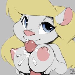 2018 animaniacs areola big_areola big_breasts blonde_hair blue_eyes breasts cum cum_between_breasts eyelashes faceless_male female fur grey_background grey_fur hair half-closed_eyes humanoid_penis long_hair male mammal minerva_mink mink mustelid paizuri penis pink_nose precum sex simple_background smile solo_focus straight warner_brothers xylas