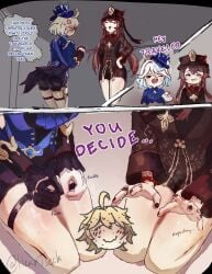1boy 2girls aether_(genshin_impact) color dialogue drawing english_text furina_(genshin_impact) genshin_impact heartseck_(artist) hoyoverse hu_tao_(genshin_impact) long_hair mihoyo safe_for_work sfw short_hair sweat text threesome