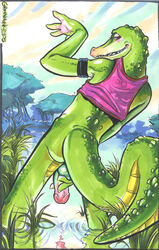 2005 alligator anthro ass bald balls bottomless clothed clothing crocodile crocodilian detailed_background eyeshadow greenmonkey half-closed_eyes looking_at_viewer makeup male male_only outside partially_clothed penis pink_top pose reptile scalie sky smile solo standing water