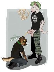alternative_fashion anthro anthro_on_anthro balls big_balls bodily_fluids bull_terrier canid canine canis chelsea_hair_cut domestic_dog dominant dominant_anthro dominant_male duo ear_piercing female foreskin genital_fluids genital_piercing genitals german_shepherd golden_shower hand_on_hip herding_dog hi_res hunting_dog kennedy_(punkt.punkk) kneeling male male/female mammal mohawk pastoral_dog peeing penis piercing punk punk_hair punkt.punkk punkt.spunkk terrier urine watersports