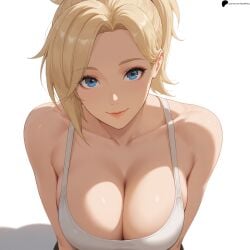 1girl 1girls ai_generated armpit_crease artist:opal_nemy bare_shoulders blonde_hair blue_eyes breasts cleavage closed_mouth collarbone eyebrows_visible_through_hair hi_res high_quality high_resolution highres large_breasts leaning_forward light lips looking_at_viewer mercy nose overwatch overwatch_2 patreon_logo patreon_url patreon_username plain_background ponytail self_upload shadow shiny shiny_hair shiny_skin simple_background solo tank_top watermark white_background white_tank_top