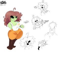 2026 8_eyes aaanarkia alien alien_girl big_breasts breast_expansion breasts clothed clothing eating green_skin huge_breasts multiple_eyes oc original original_character red_hair reference_sheet spider spider_girl stuck_in_vent tank_top
