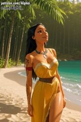 1girl 2025 2026 absurd_res absurdres ai ai-created ai_art ai_assisted ai_generated alphai arm_tattoo bare_shoulders beach black_eyes black_hair blushing cinematic_lighting clothed_female colorful_background dark_skin depth_of_field detailed_background detailed_hair detailed_skin disney disney_princess dramatic_shadows dynamic_angle high_quality high_resolution highres indigenous jewelry jungle_trees lips long_hair looking_up makeup medium_breasts native_american naughty_face necklace open_mouth outdoors parted_lips particles patreon patreon_link patreon_url patreon_username pocahontas pocahontas_(character) pocahontas_ii:_journey_to_a_new_world raised_eyebrows semirealistic shiny_hair shiny_skin short_dress skindentation standing volumetric_lighting waterfalls yellow_dress