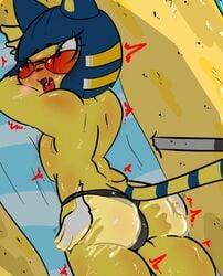 2017 alternate_body_type alternate_breast_size animal_crossing ankha anthro ass badassbaal beach breasts disembodied_hands egyptian female female_only hand_on_ass nintendo oil oiled on_towel open_mouth thick_thighs thighs topless towel